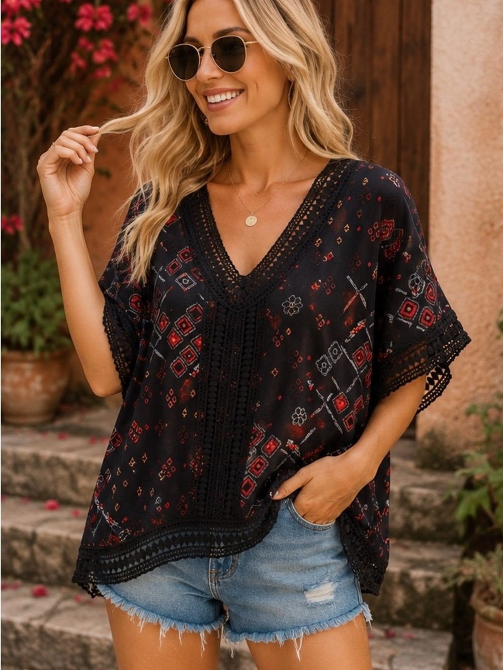 Dex Boho Crochet Trim Black V-Neck Oversized Tunic with Red Tribal Print Size M